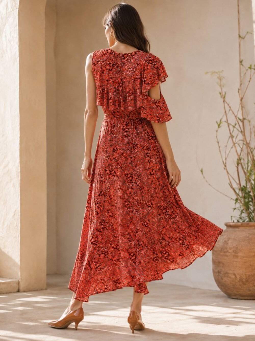 NWT Maje Red Print Ruffle Cold Shoulder High Low Midi Dress Sz. L - Picture 2 of 7